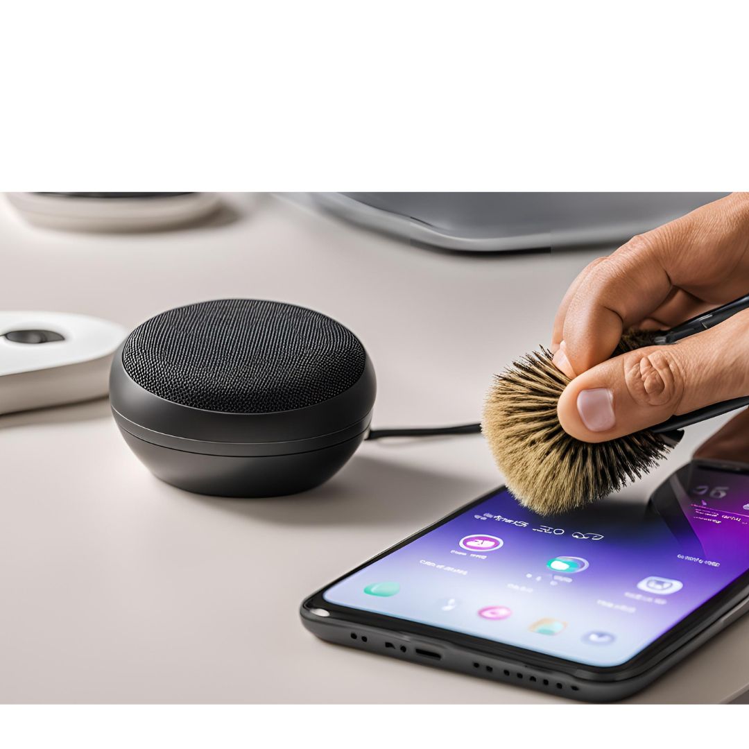 Oppo phone speaker being cleaned with a soft brush.